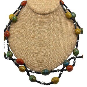 Colorful Handcrafted Ceramic Bead Necklace Boho Inspo Black Silver Accents
